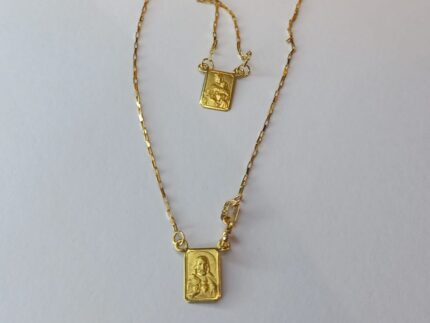 ESCAPULÁRIO FEMININO, PLACA FACE ÚNICA, MALHA TIJOLINHO, 45CM, EM OURO AMARELO 18K